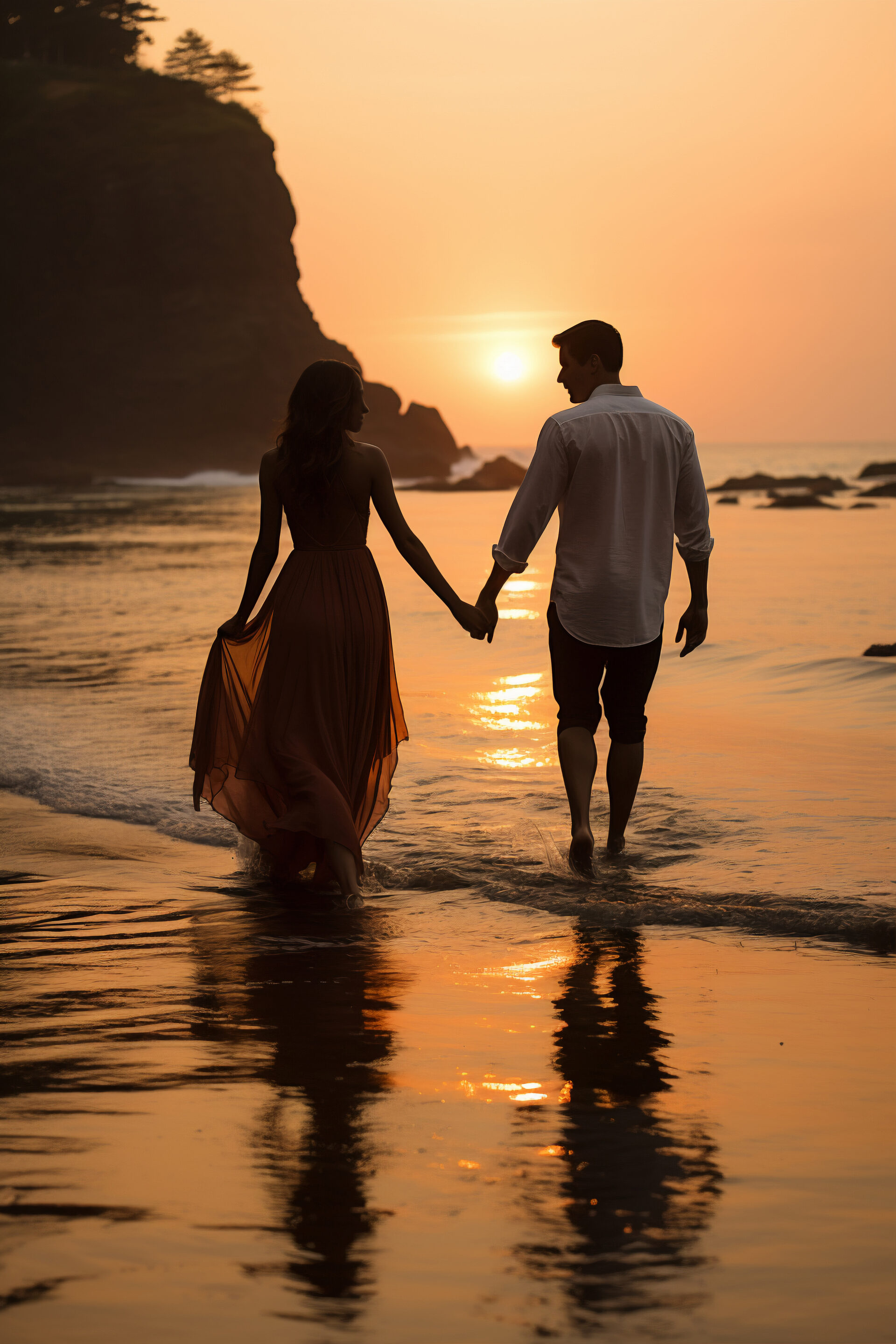 Newlywed couple in wedding attire on beach at sunset - romantic honeymoon